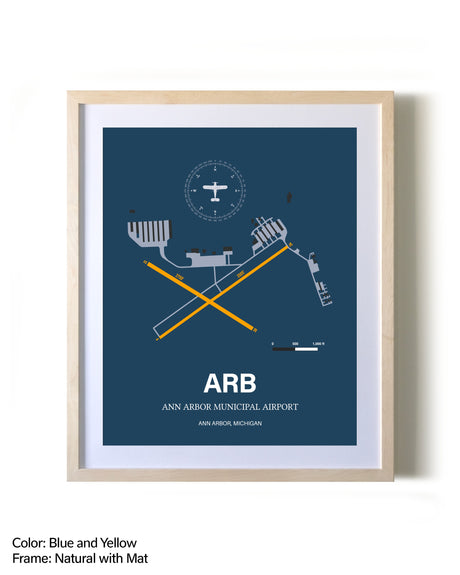 Ann Arbor Municipal Airport framed print in natural wood frame with mat