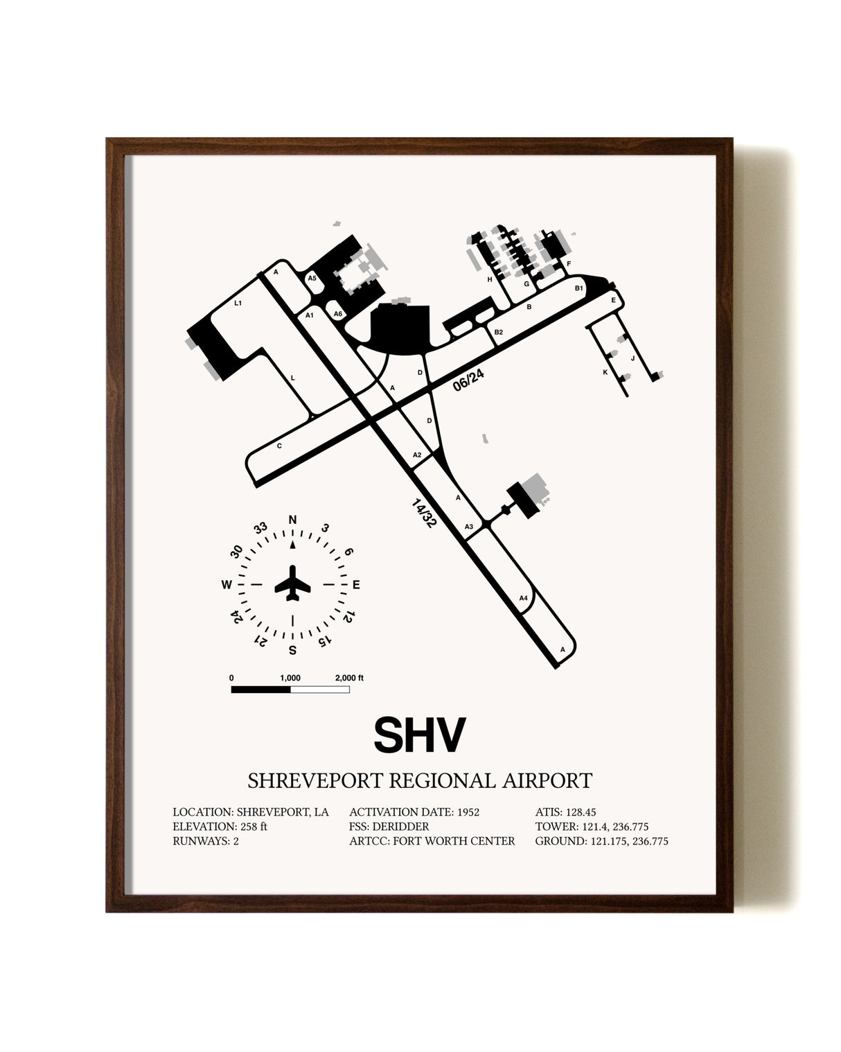 Shreveport Regional Airport aviation print in walnut frame
