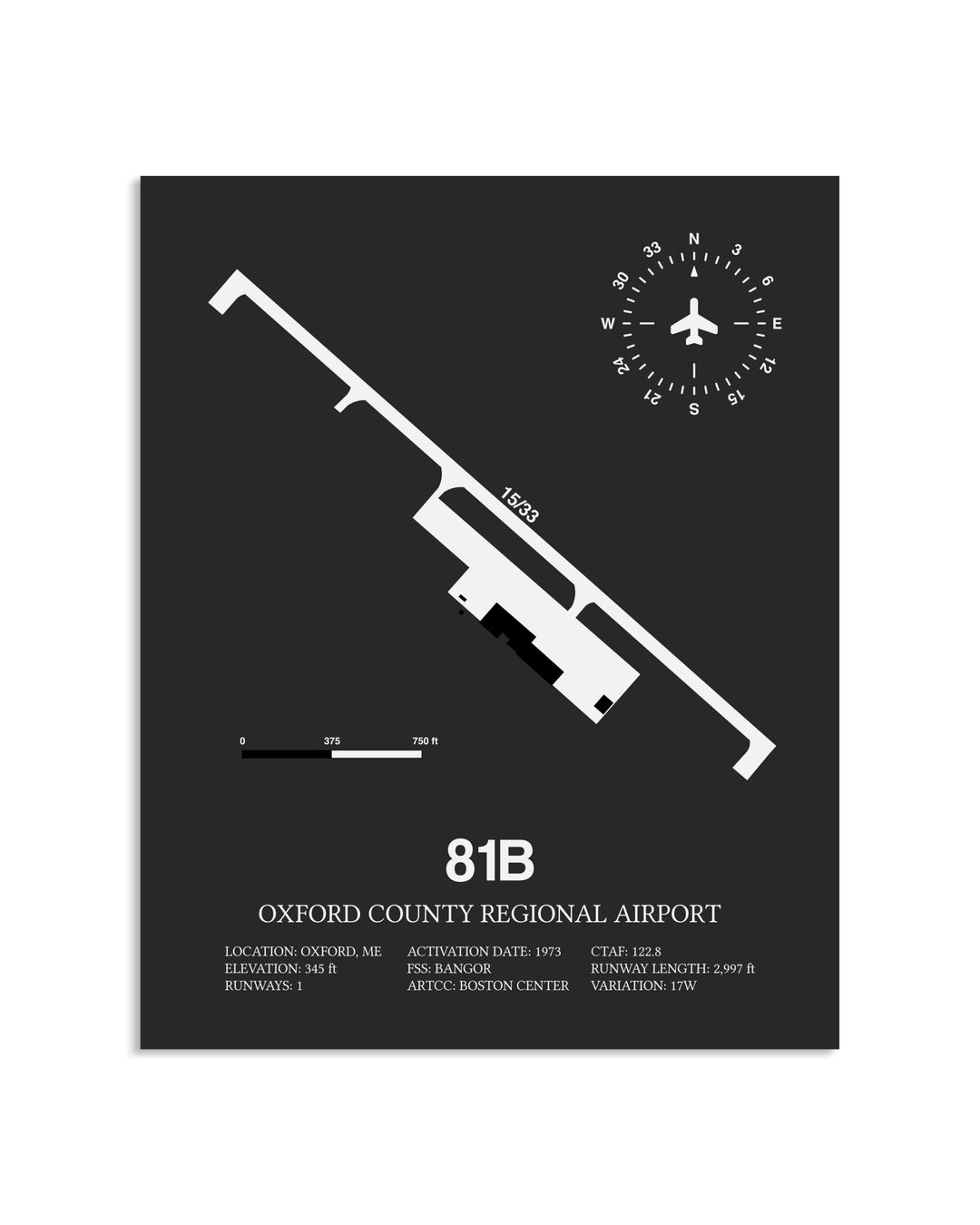 Gray Framed Oxford County Regional Airport layout wall art poster