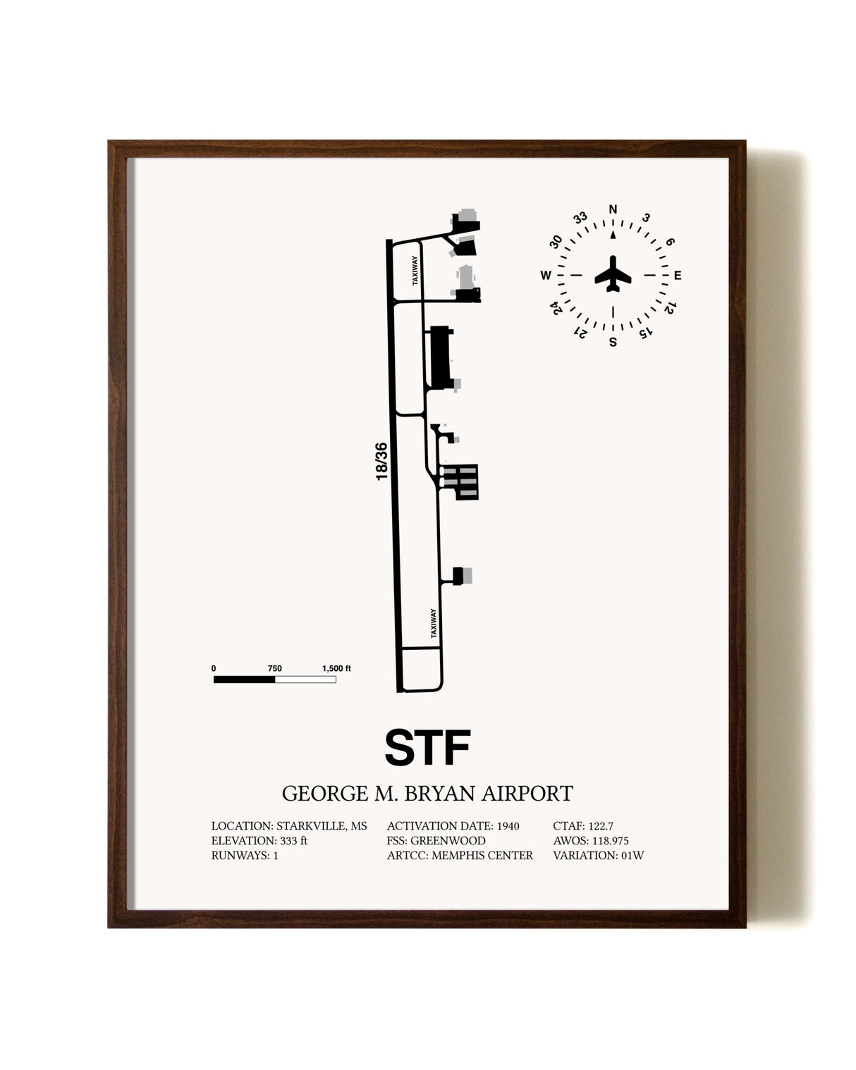 George M. Bryan Airport aviation print in walnut frame
