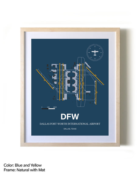Dallas-Fort Worth International Airport framed print in natural wood frame with mat