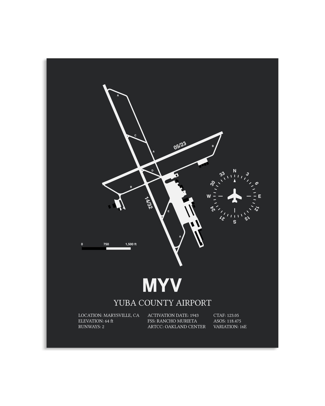 Gray Framed Yuba County Airport layout wall art poster