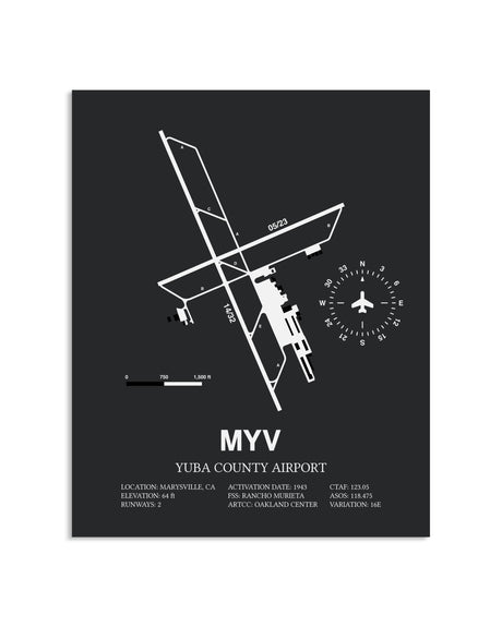 Gray Framed Yuba County Airport layout wall art poster