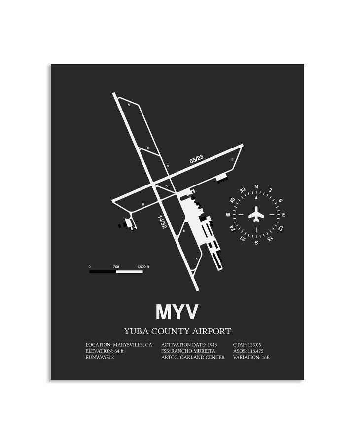 Gray Framed Yuba County Airport layout wall art poster