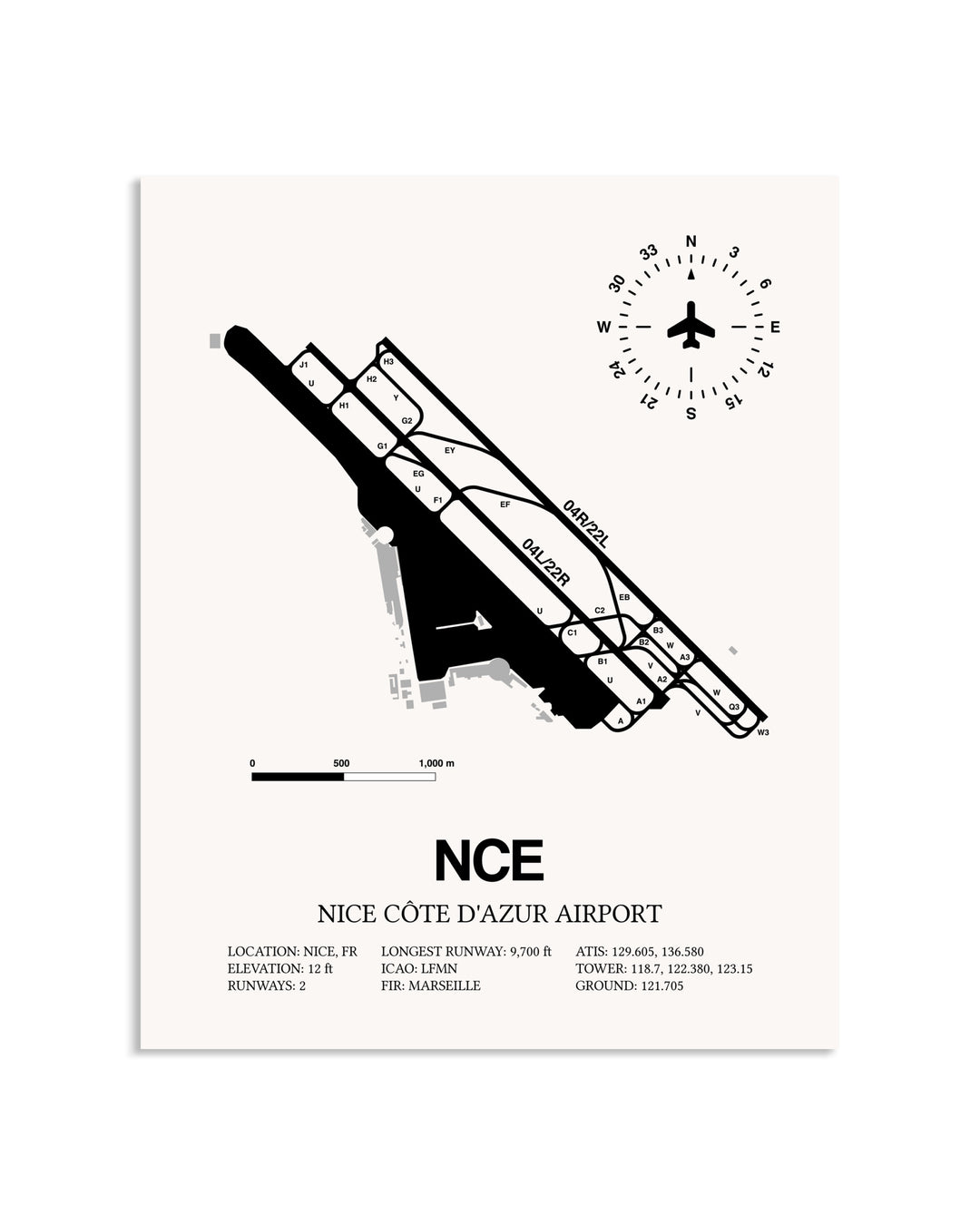 Gray Nice Cote D'Azur Airport framed poster displayed in an airplane hangar