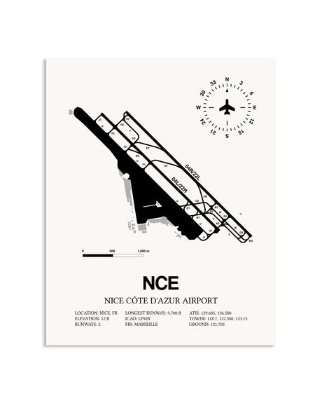 Gray Nice Cote D'Azur Airport framed poster displayed in an airplane hangar