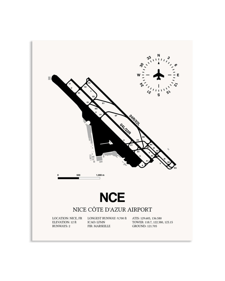 Gray Nice Cote D'Azur Airport framed poster displayed in an airplane hangar