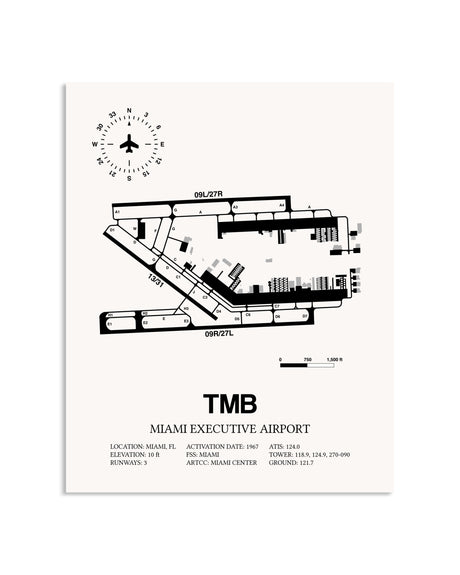 Gray Miami Executive Airport framed poster displayed in an airplane hangar