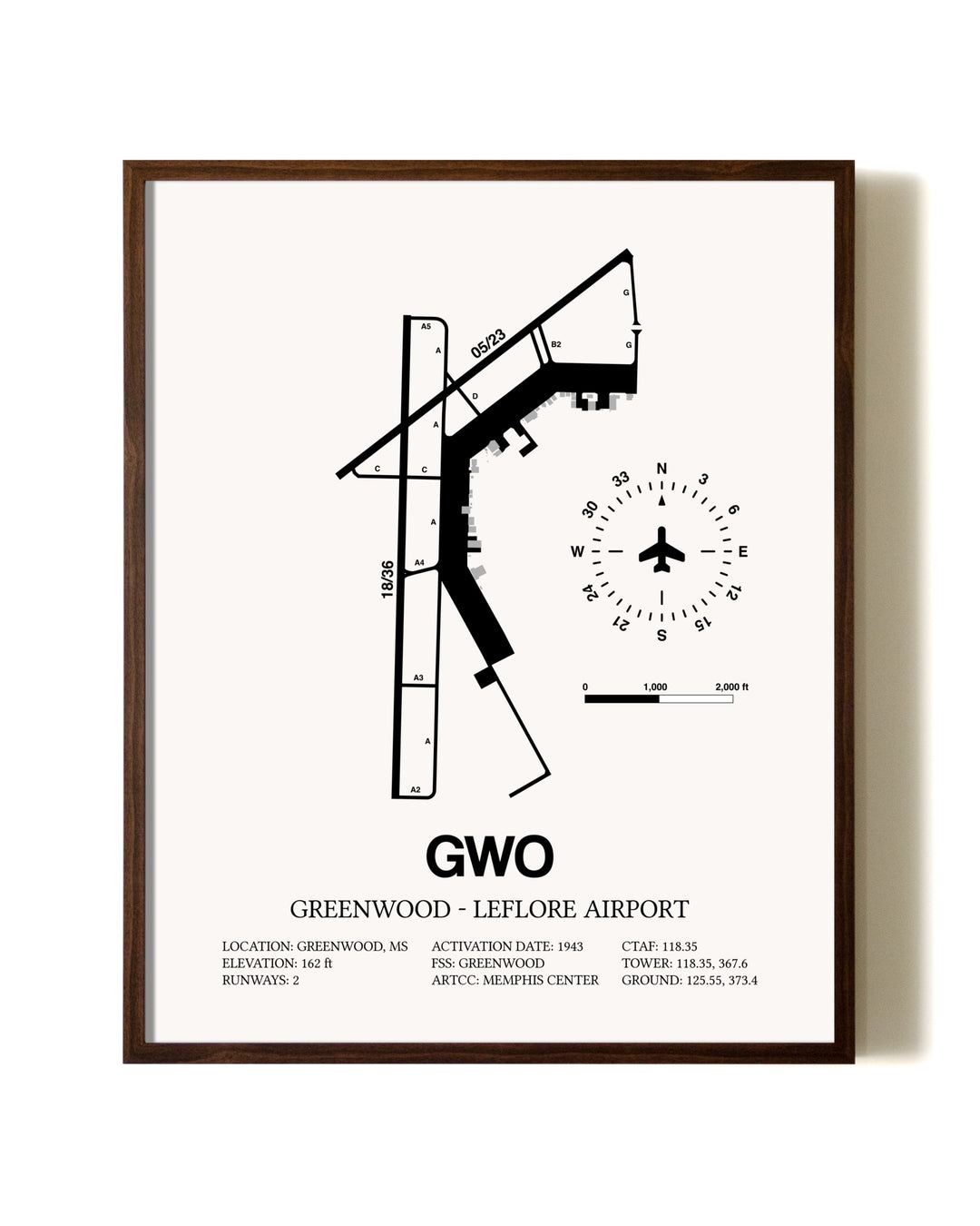 Greenwood-Leflore Airport aviation print in walnut frame
