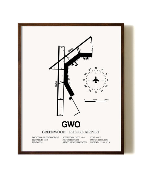 Greenwood-Leflore Airport aviation print in walnut frame