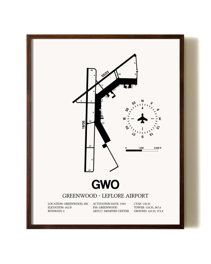 Greenwood-Leflore Airport aviation print in walnut frame