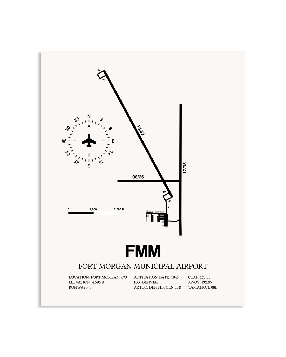 Gray Fort Morgan Municipal Airport framed poster displayed in an airplane hangar