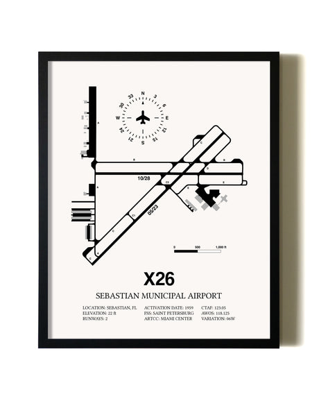 Framed Sebastian Municipal Airport wall art poster in black frame