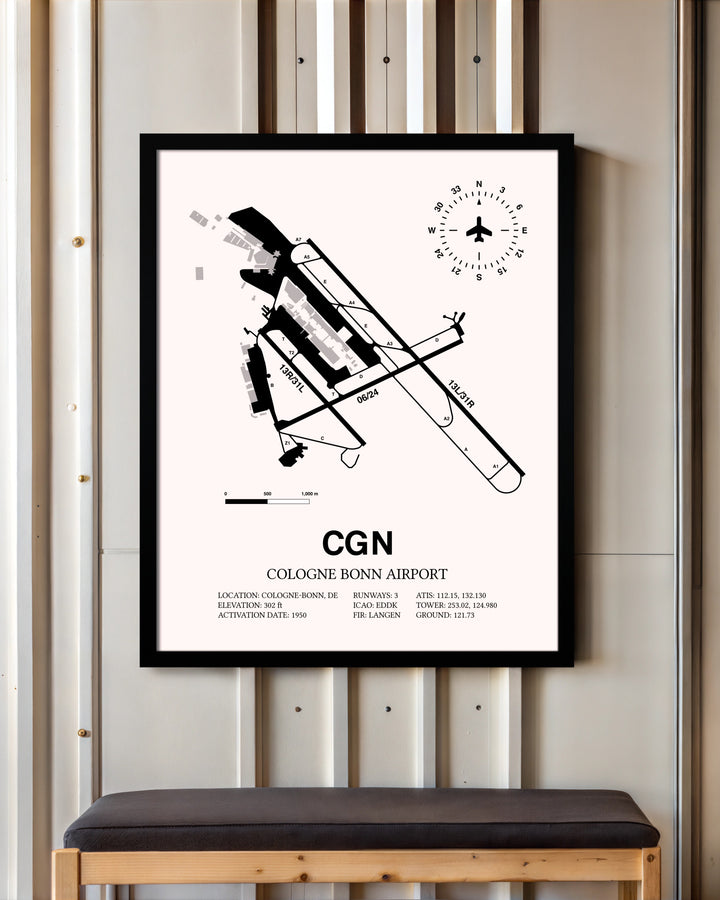 Cologne Bonn Airport framed poster displayed in an airplane hangar
