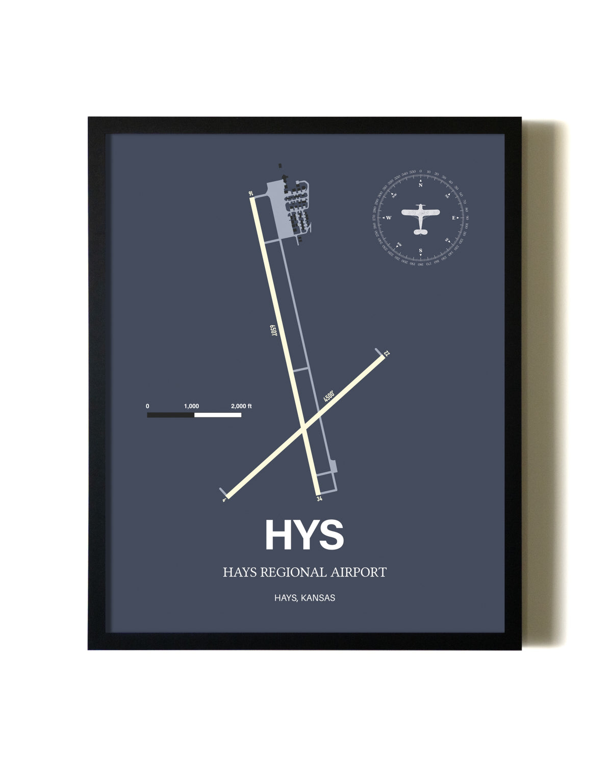 Blue and Cream Framed Hays Regional Airport layout wall art poster