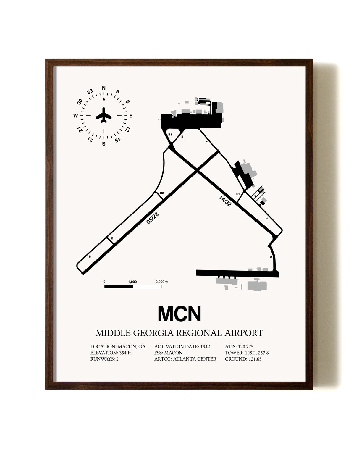 Middle Georgia Regional Airport aviation print in walnut frame