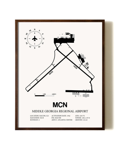 Middle Georgia Regional Airport aviation print in walnut frame