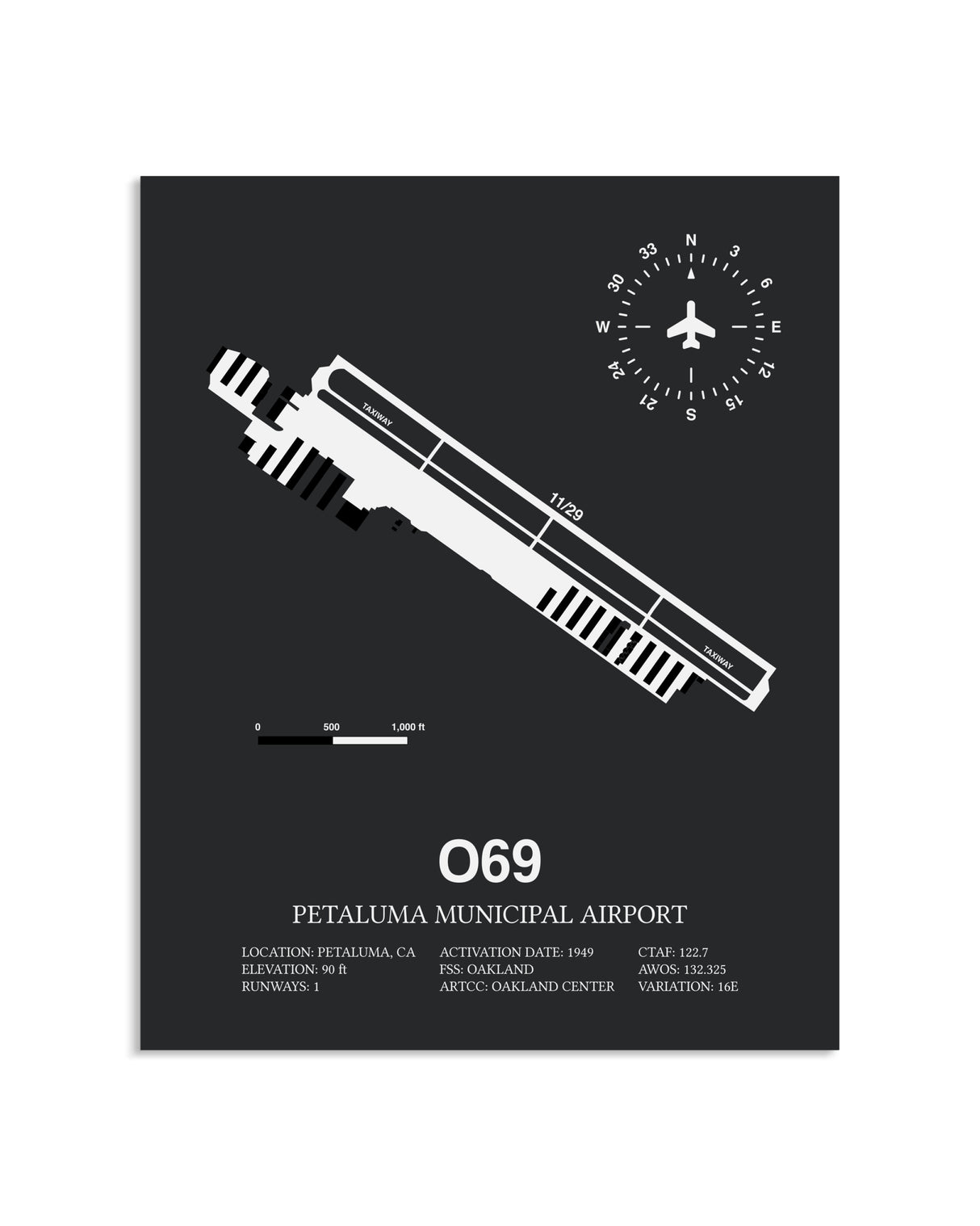 Gray Framed Petaluma Municipal Airport layout wall art poster