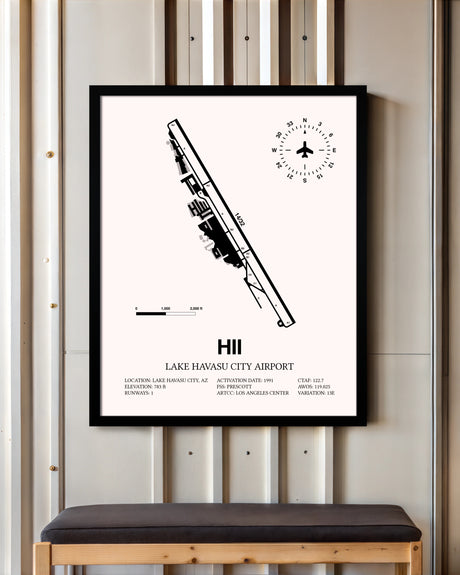 Lake Havasu City Airport framed poster displayed in an airplane hangar