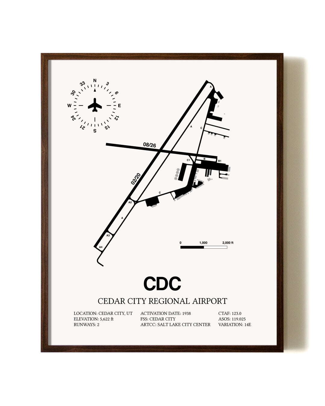 Cedar City Regional Airport aviation print in walnut frame