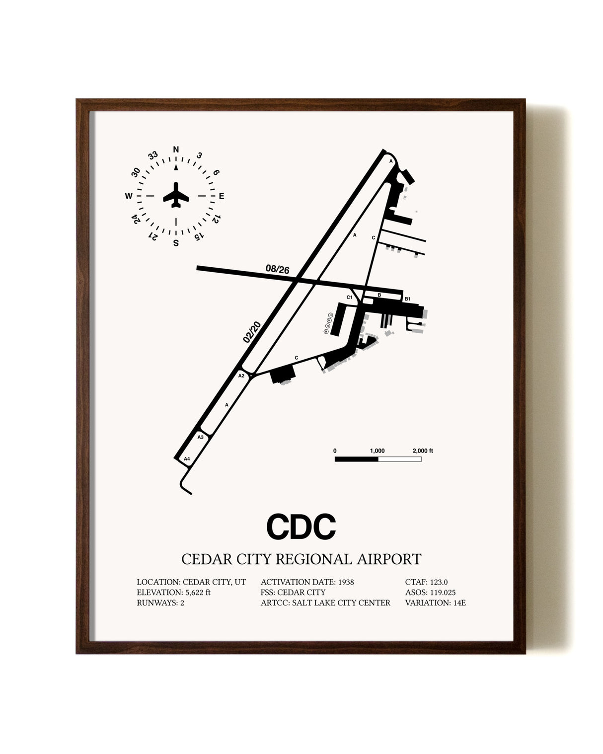 Cedar City Regional Airport aviation print in walnut frame