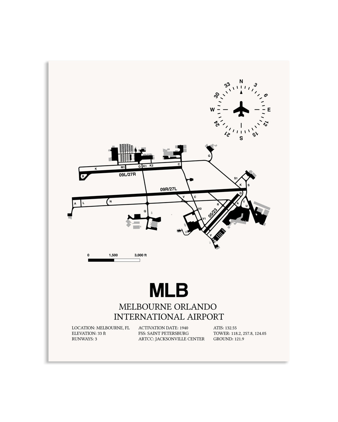 Gray Melbourne Orlando International Airport framed poster displayed in an airplane hangar