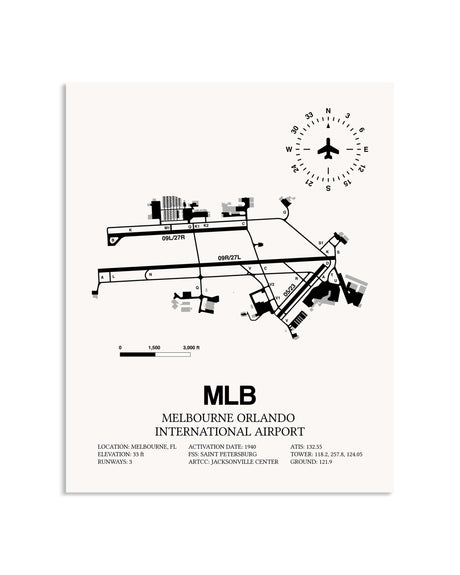Gray Melbourne Orlando International Airport framed poster displayed in an airplane hangar
