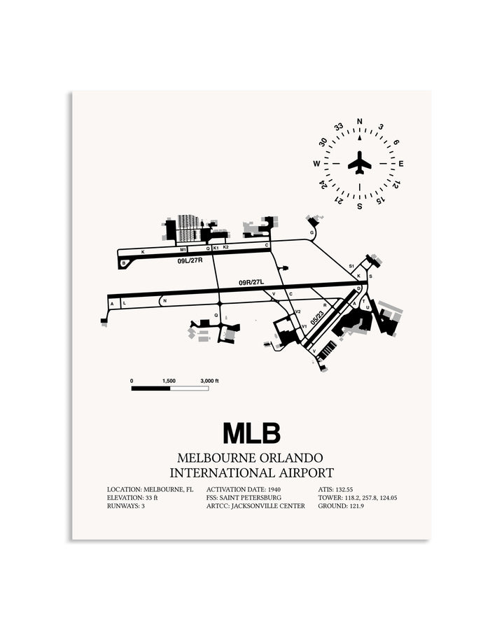 Gray Melbourne Orlando International Airport framed poster displayed in an airplane hangar