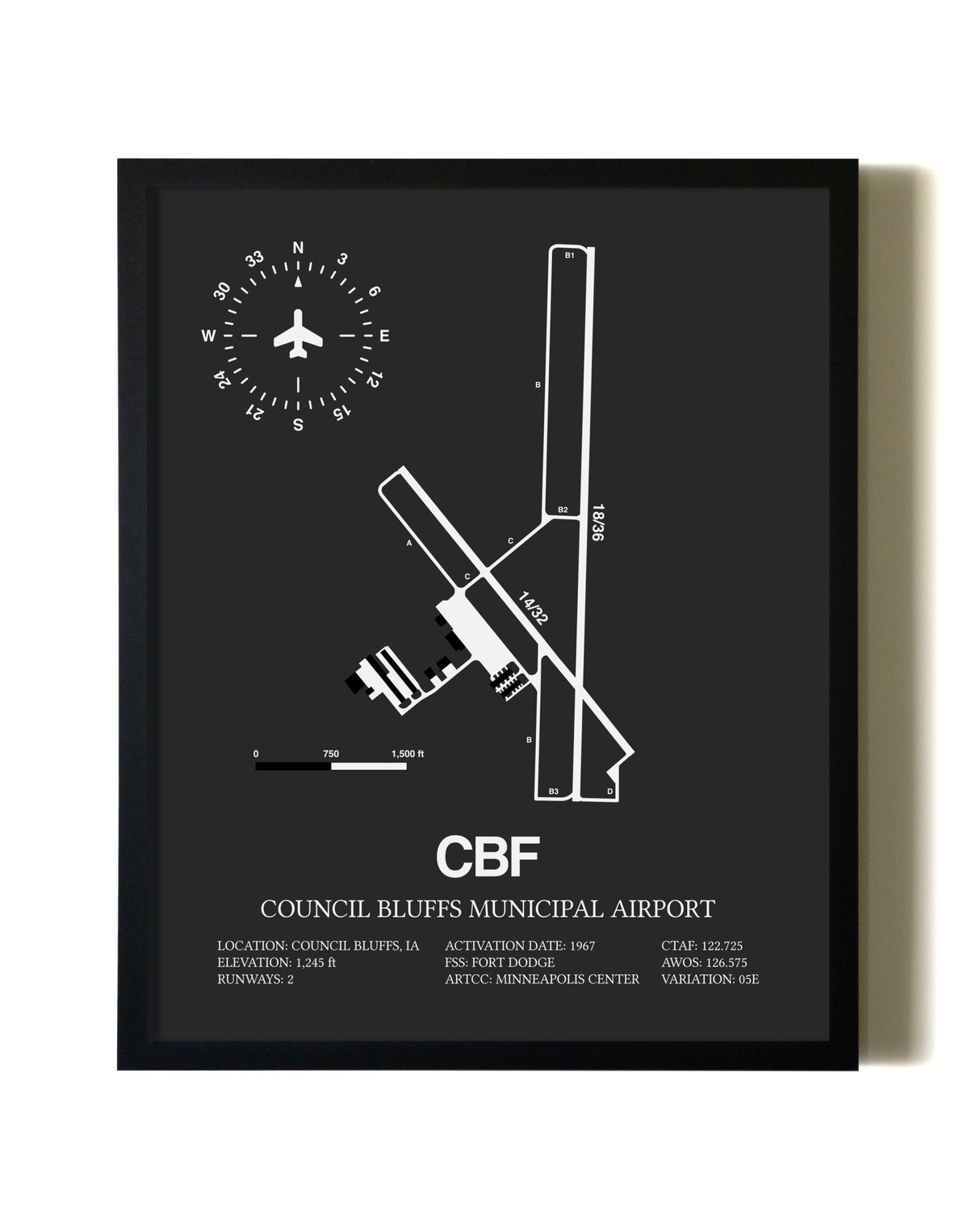 Unframed Council Bluffs Municipal Airport map print poster