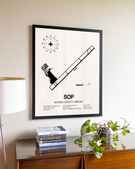 Moore County Airport aviation wall décor in black wood frame