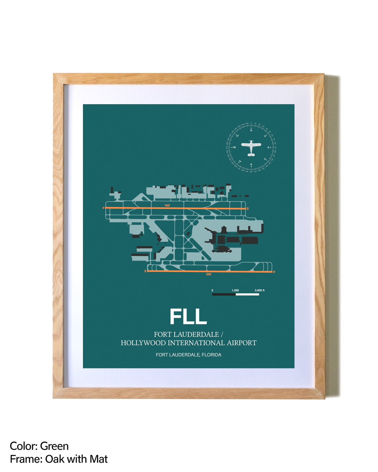 Fort Lauderdale/Hollywood International Airport airport map poster in oak frame with mat