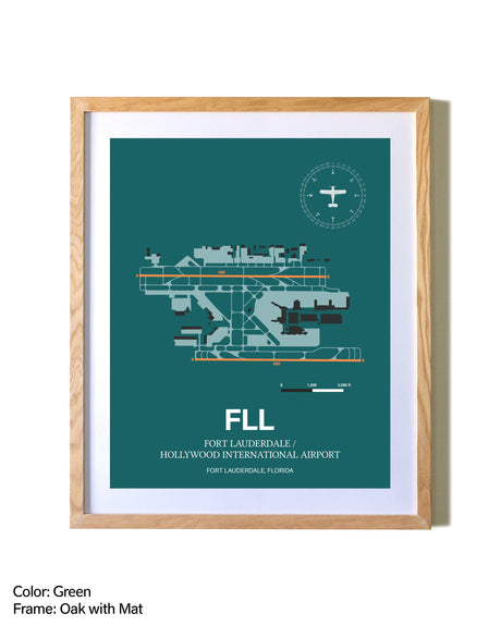 Fort Lauderdale/Hollywood International Airport airport map poster in oak frame with mat