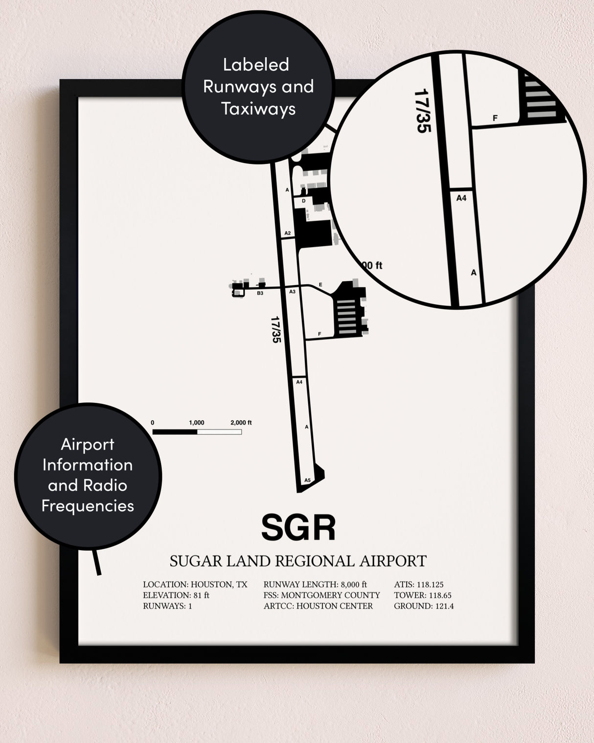 Framed Sugar Land Regional Airport layout wall art poster