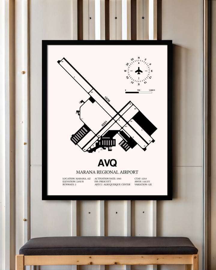 Marana Regional Airport framed poster displayed in an airplane hangar