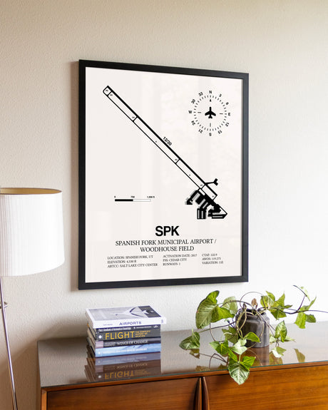 Spanish Fork Municipal Airport / Woodhouse Field aviation wall décor in black wood frame