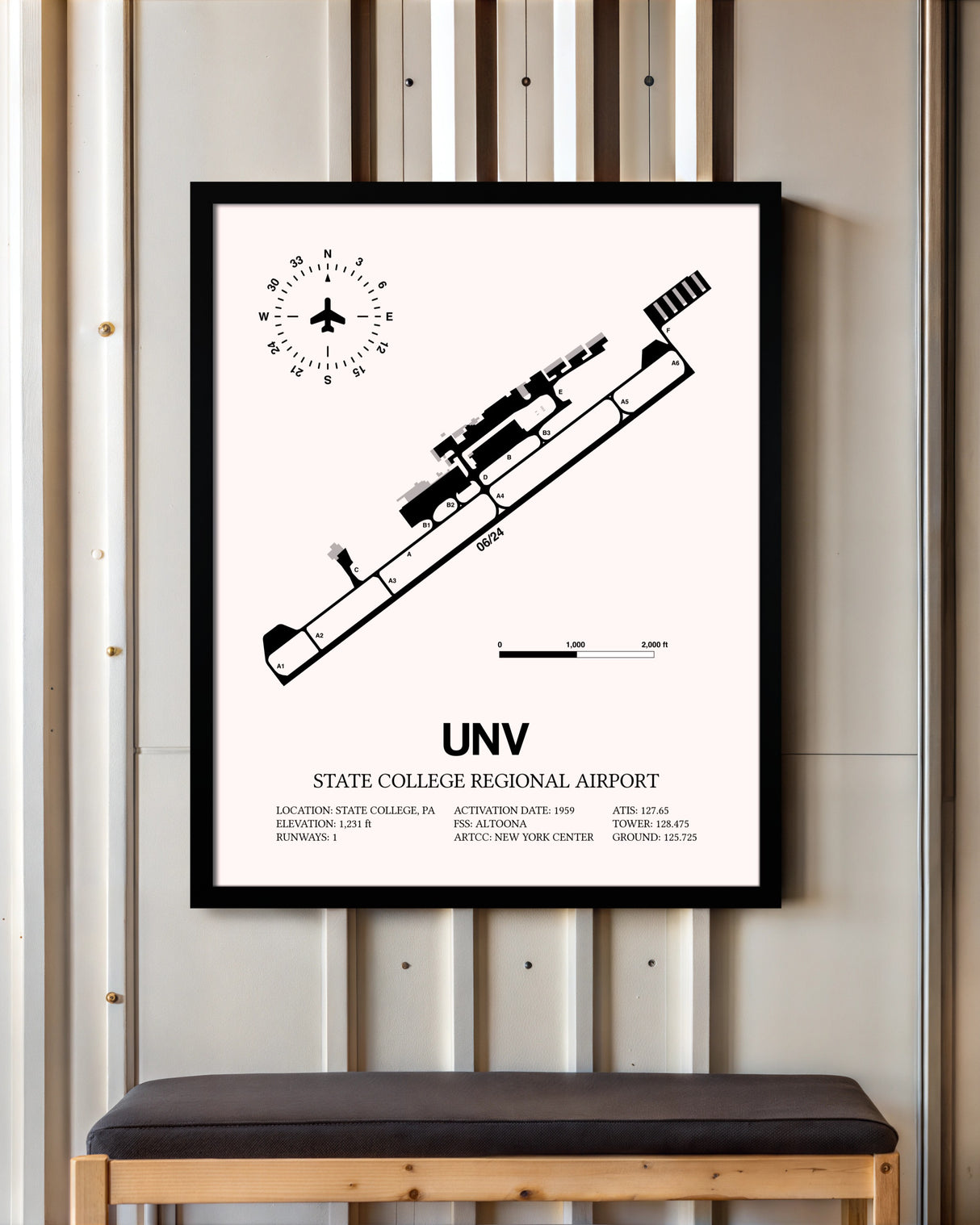 State College Regional Airport framed poster displayed in an airplane hangar