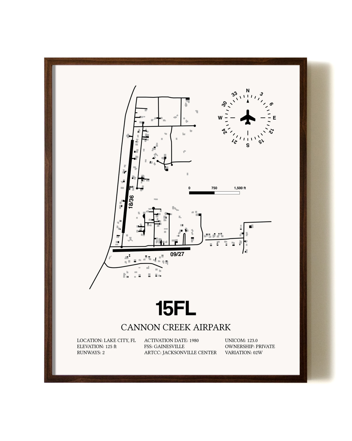 Cannon Creek Airpark aviation print in walnut frame