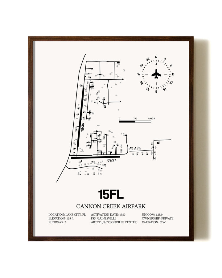 Cannon Creek Airpark aviation print in walnut frame
