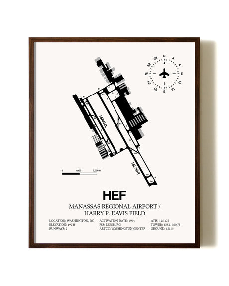 Manassas Regional Airport / Harry P. Davis Field aviation print in walnut frame