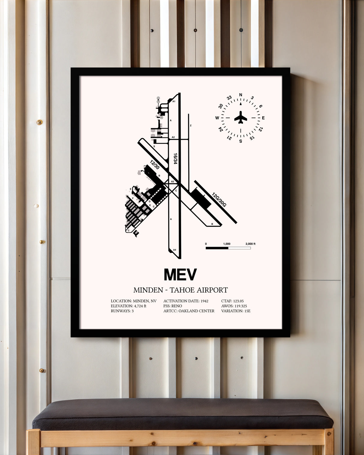 Minden-Tahoe Airport framed poster displayed in an airplane hangar