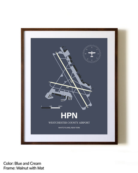 Westchester County Airport aviation print in walnut frame with mat