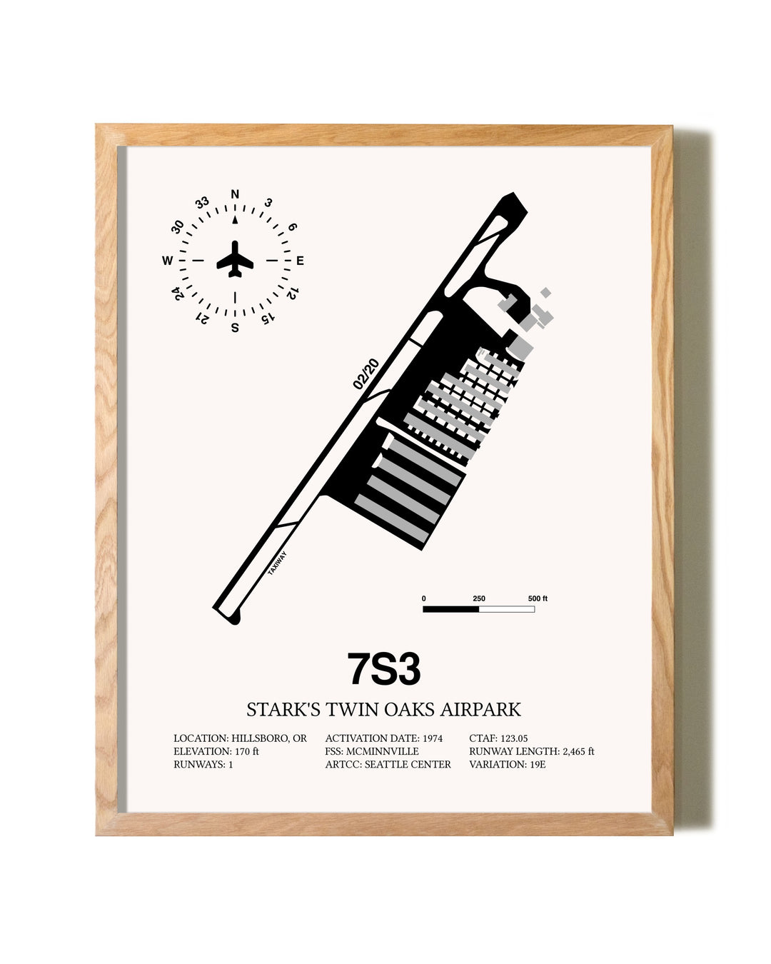 Stark's Twin Oaks Airpark framed print in natural wood frame