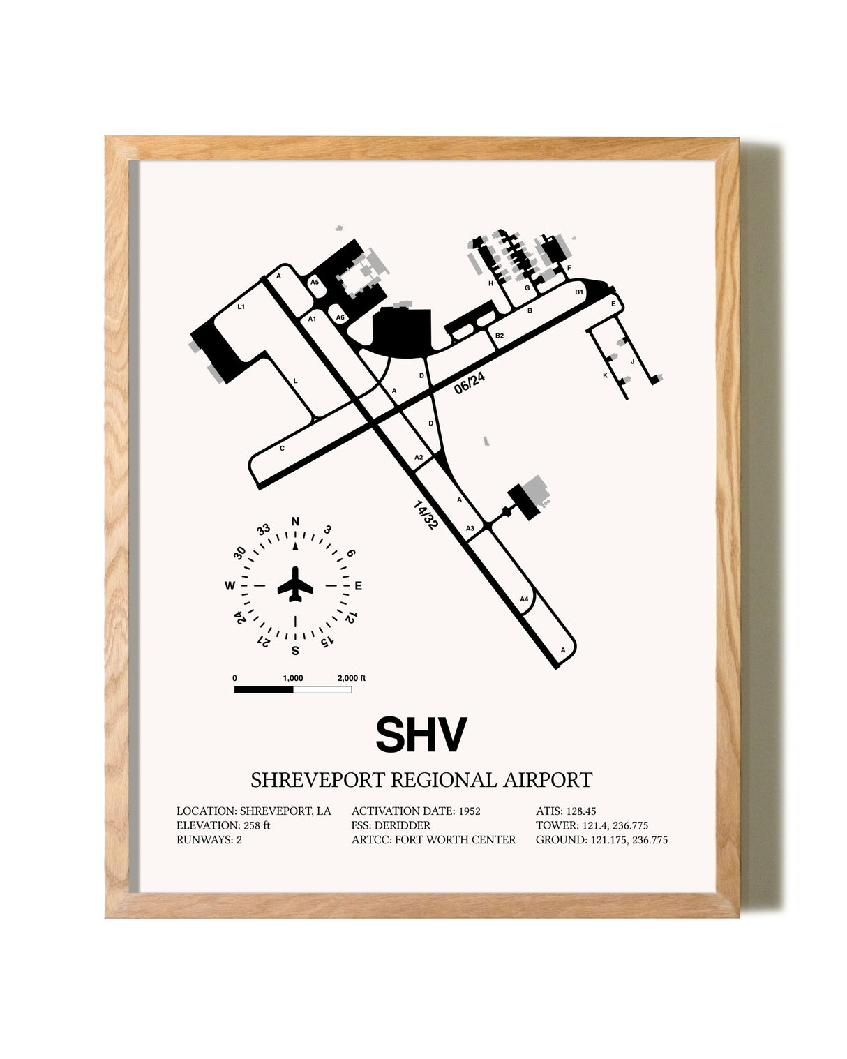 Shreveport Regional Airport framed print in natural wood frame