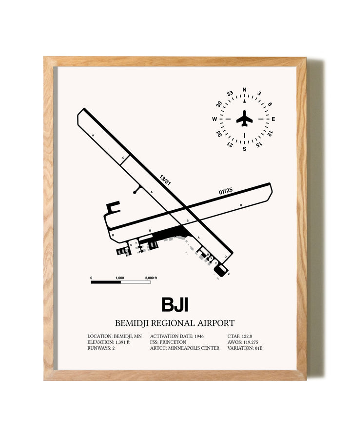 Bemidji Regional Airport framed print in natural wood frame
