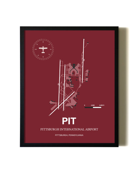Red Framed Pittsburgh International Airport wall art poster in black frame