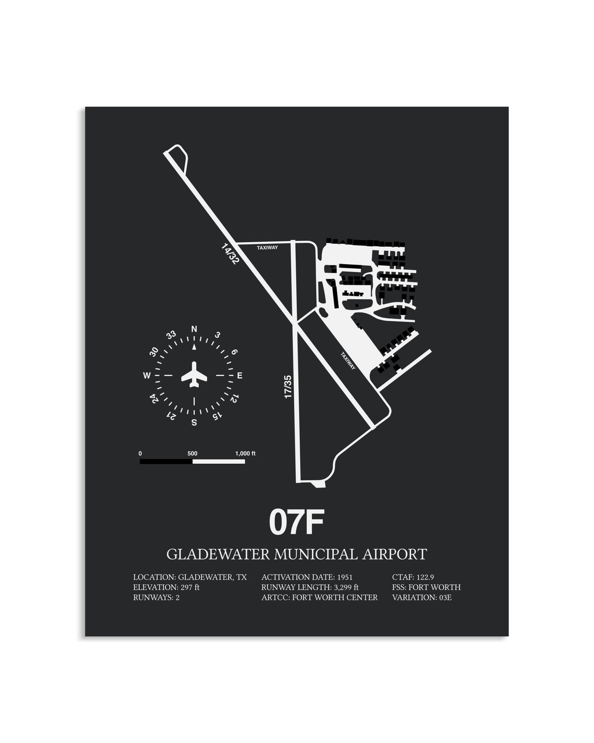 Gray Framed Gladewater Municipal Airport layout wall art poster