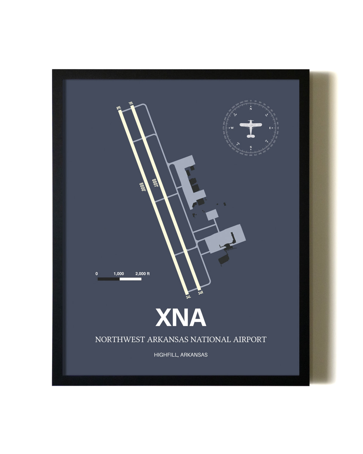 Blue and Cream Framed Northwest Arkansas National Airport layout wall art poster