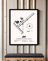 Jonesboro Municipal Airport framed poster displayed in an airplane hangar