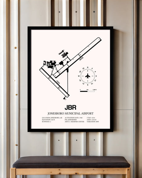 Jonesboro Municipal Airport framed poster displayed in an airplane hangar
