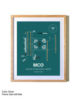 Orlando International Airport airport map poster in oak frame with mat